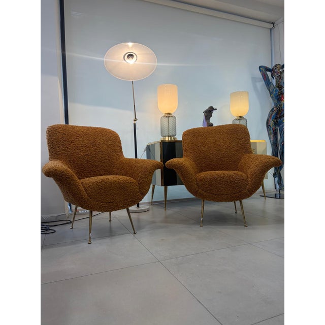 Pair of Gigi Radice armchairs, 1970s, reupholstered with stain-resistant bouclé fabric, perfectly restored This piece is...