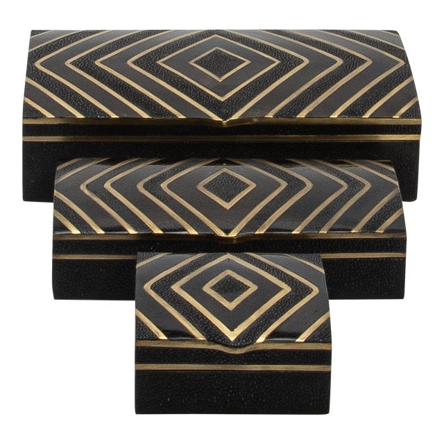 Set of 3 Boxes in Black Oak With Black Shell, Shagreen and Brass Details by R&y Augousti For Sale