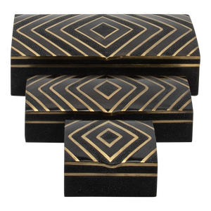 Set of 3 Boxes in Black Oak With Black Shell, Shagreen and Brass Details by R&y Augousti