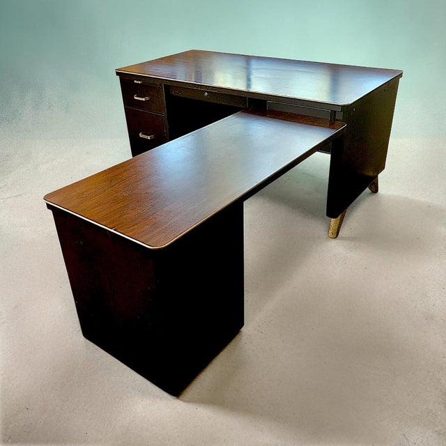 Mid 20th Century Mad-Men Industrial 1970s Black Metal & Rosewood Laminate L-Shaped Executive Desk With Storage For Sale - Image 5 of 6