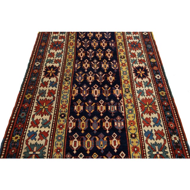 Blue Vintage Kazak Caucasian Wool Runner in Blue With Multicolor Allover Design For Sale - Image 8 of 8
