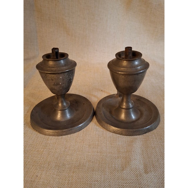 American Pair Antique Pewter Whale Oil Finger Lamps Single Tube Drop Burners C. 1830-1850 For Sale - Image 3 of 18
