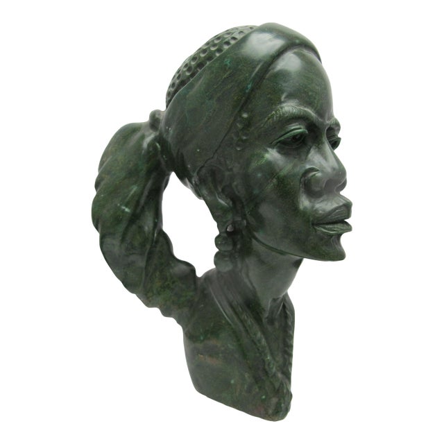 Shona J Chirunga African Carved Verdite Green Stone Figural Bust Sculpture For Sale