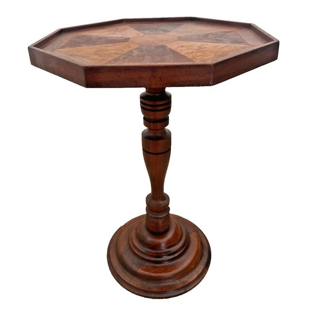 Antique Inlaid Octagonal Wood Accent Table Geometric Iron Cross Marquetry Top For Sale - Image 4 of 11