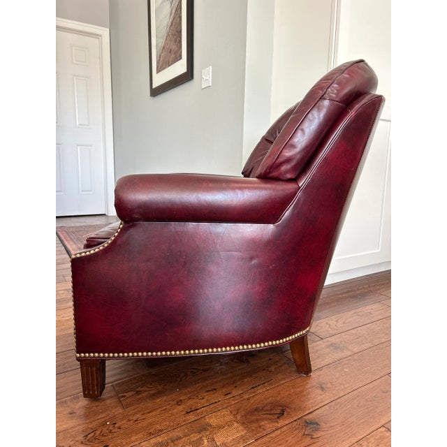 Burgundy Vintage Hancock & Moore Mid-Century Tufted Leather Club Chair – Burgundy Leather, Mahogany Legs, Brass Nailhead Trim For Sale - Image 8 of 10