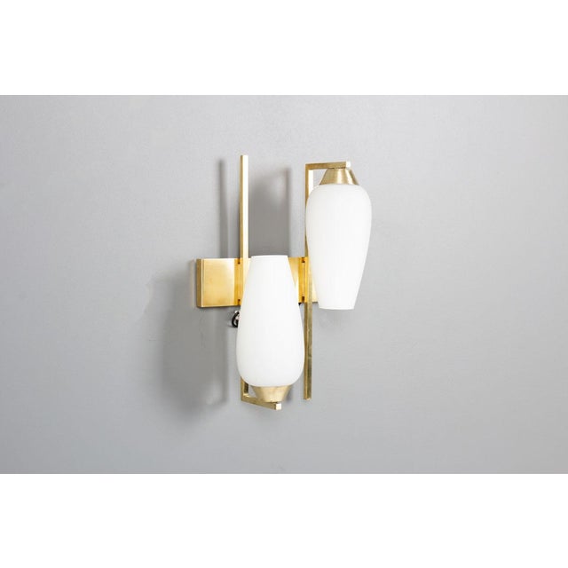 Brass and Opaline Glass Wall Sconces, France, 1950s, Set of 2 For Sale - Image 4 of 10