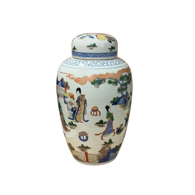 Oriental Color Family Gathering Graphic White Base Porcelain Jar For Sale - Image 4 of 18