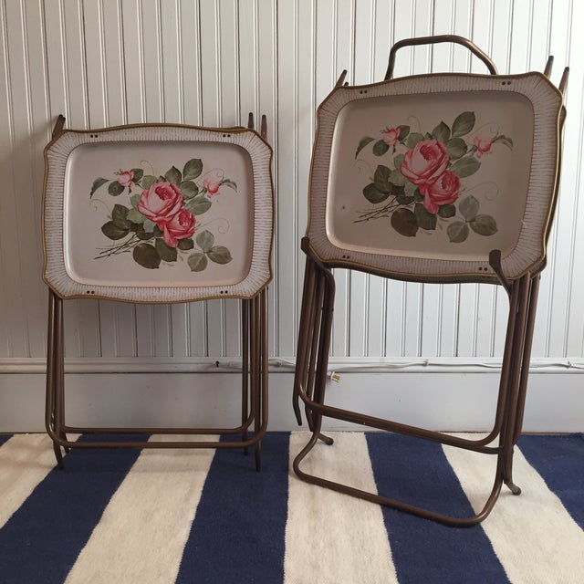 Mid Century Floral CalDak Folding Tv Trays & Holding Rack Set of 4