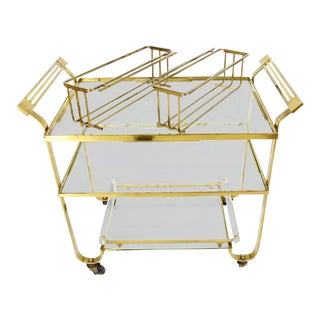 Mid-Century Modern Solid Brass and Glass Bar Cart For Sale