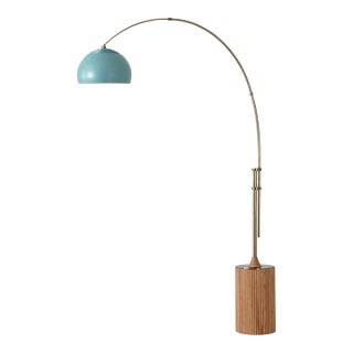 1980s Tambo Floor Lamp - 92" Brass Arc Lamp, Mid Century Modern, Pool Blue Shade, Light Wood Base For Sale