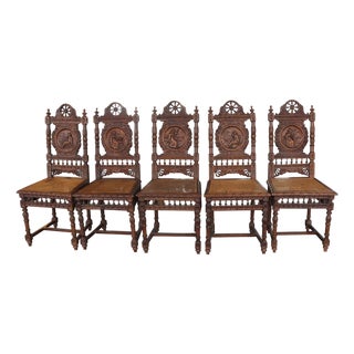 Set of 6 Antique English Renaissance Carved Wood Chairs For Sale