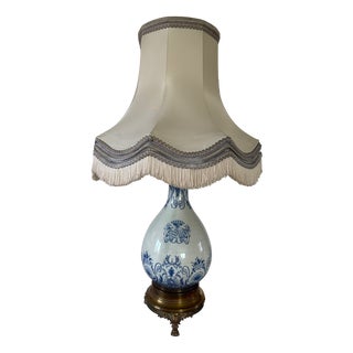 Antique Table Lamp in High-Fire Blue Earthenware with Bronze Tripod Base, 1800s For Sale