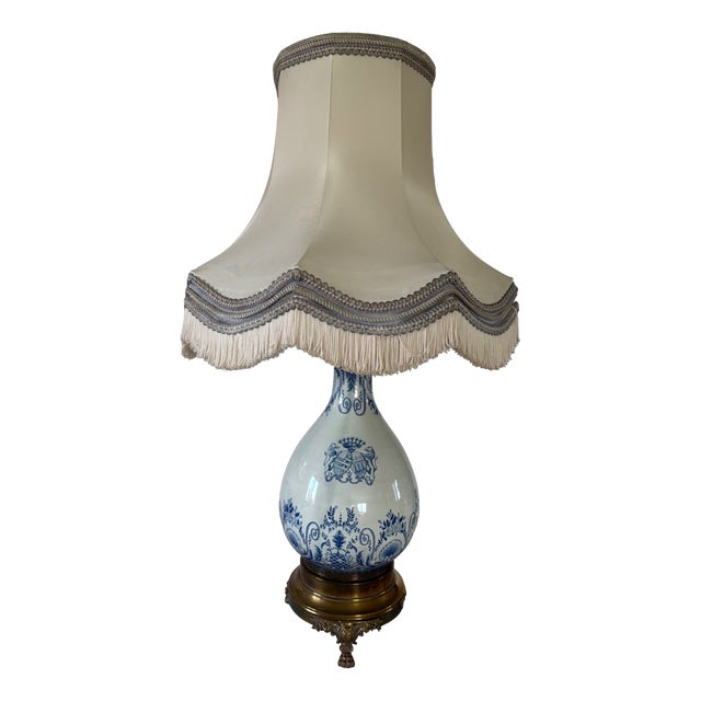 Antique Table Lamp in High-Fire Blue Earthenware with Bronze Tripod Base, 1800s For Sale