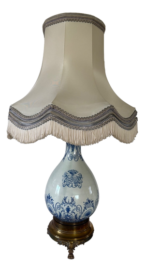 Antique Table Lamp in High-Fire Blue Earthenware with Bronze Tripod Base, 1800s