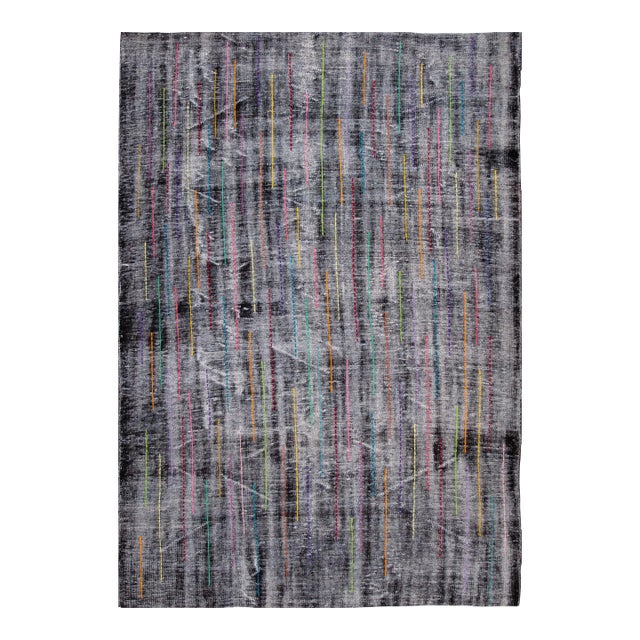 Vintage Distressed Handmade Gray Wool Rug With Multicolor Design For Sale