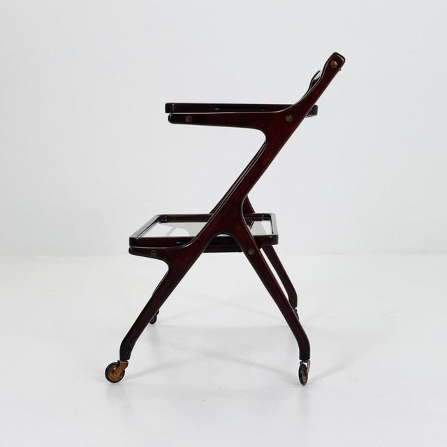Metal Mid-Century Italian Serving Trolley in Wood and Glass by Cesare Lacca, 1950s For Sale - Image 7 of 11