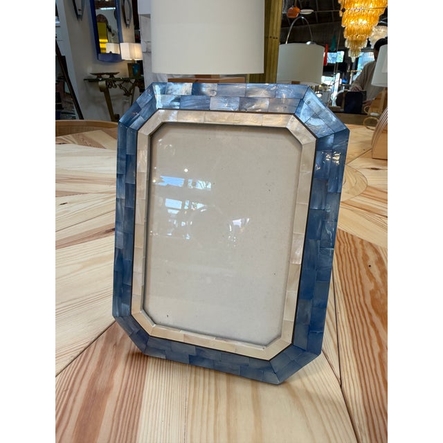1970s Blue and Ivory Mother-of-Pearl Mosaic Picture Frame For Sale - Image 5 of 7