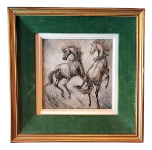 Decorative Earthenware Tile with Horses from JC Taburet, 1964