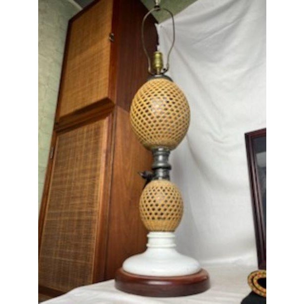 This gorgeous French Victorian cane-wrapped blown glass seltzer bottle was converted into a table lamp with a milky glass...