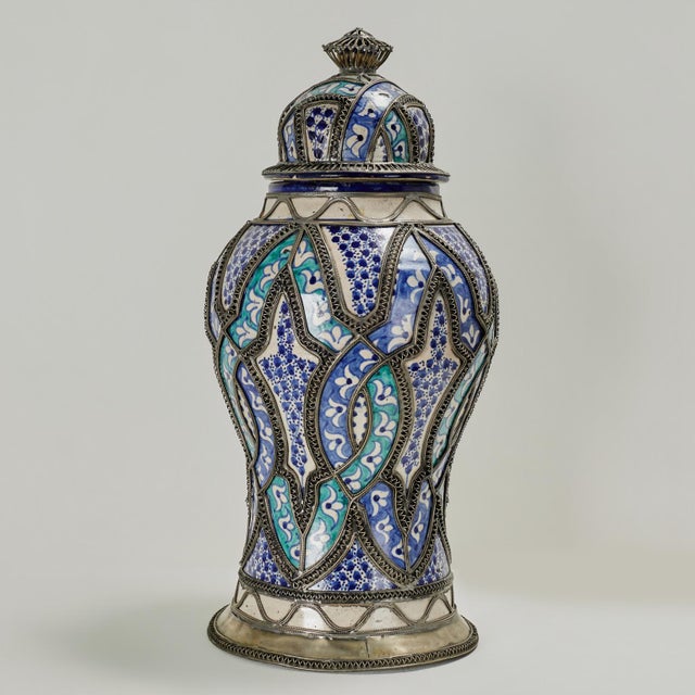 Vintage Moroccan Earthenware and Metal Lidded Urn For Sale In West Palm - Image 6 of 12