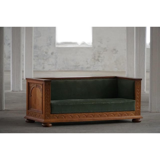 Vintage Danish Empire Sofa in Oak and Velour, 1920s For Sale - Image 6 of 16