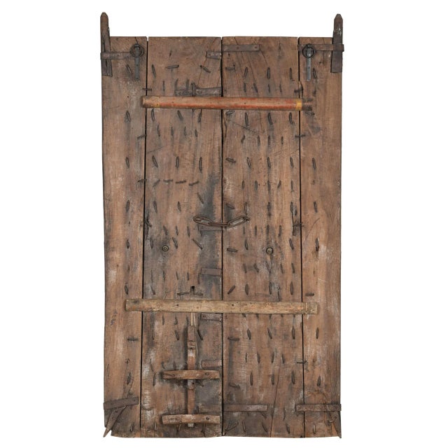 Indian Antique Indian Carved and Painted Teakwood Gujarati Door For Sale - Image 3 of 3