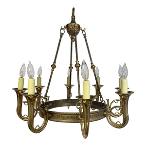 Mid 20th Century Brass Chandelier With 8 Rods and French Horn Trumpets Hunting