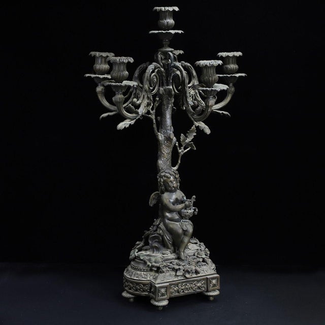 Pair of Large Vintage French Rococo Style Bronze Cherub Candelabras For Sale In Los Angeles - Image 6 of 10