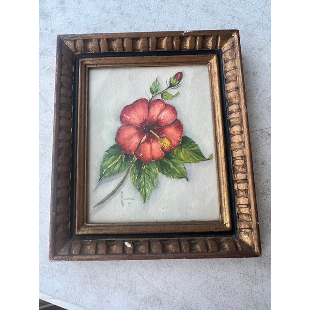 1970s Red “Florida Hibiscus” Flower Painting Signed & Framed For Sale In West Palm - Image 6 of 6