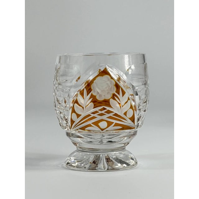 Glass Art Deco Amber Overlay Cut Crystal Decanter & Cordial Glasses, 1930s, Set of 5 For Sale - Image 7 of 17