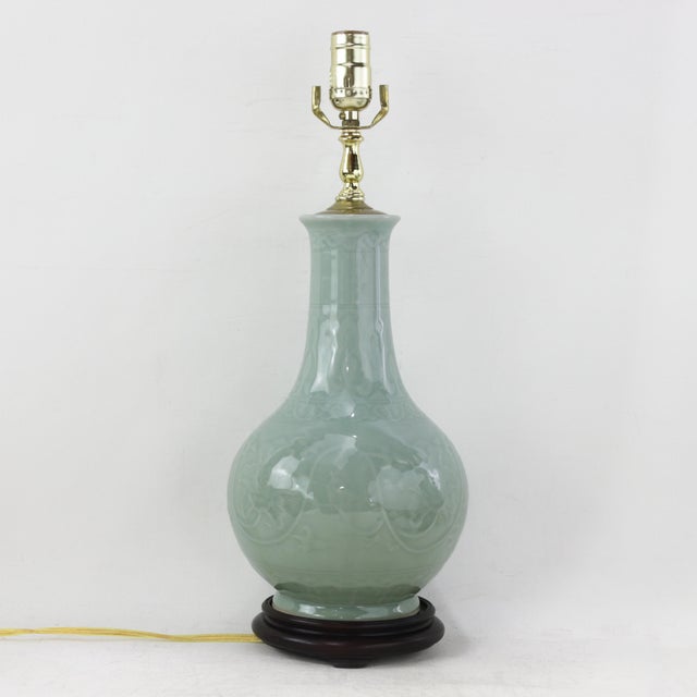Pair of Vintage Celadon Green Porcelain Table Lamps Incised Floral Motif With Rosewood Bases For Sale In New York - Image 6 of 16