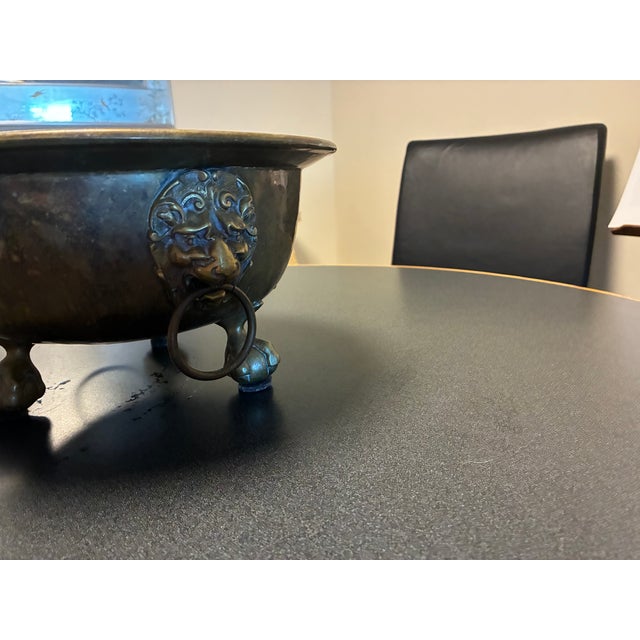 1930s Antique Footed Brass Jardiniere With Lions Masks and Handles For Sale - Image 5 of 7