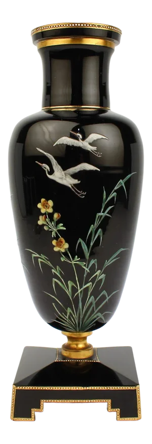 Bohemian Enameled Black Amethyst Glass Vase Decorated With Herons