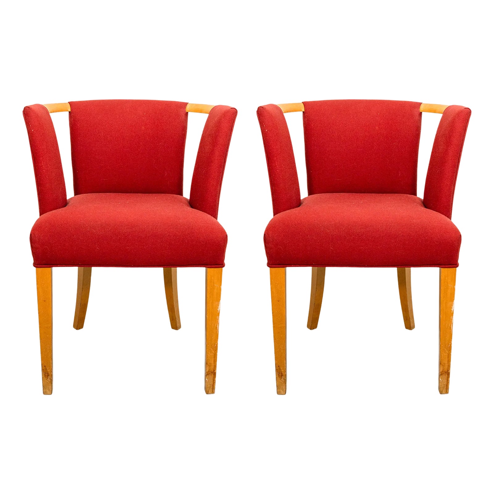 Pair of Eliel Saarinen Red Fabric Armchairs for Imperial Rattan Company ...