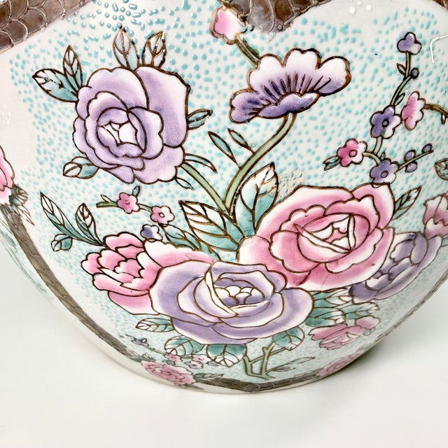 Chinoiserie Vintage Chinoiserie Boho Chic Hollywood Regency Pink Famille Rose Koi Fish Bowl Planter. For Sale - Image 3 of 13