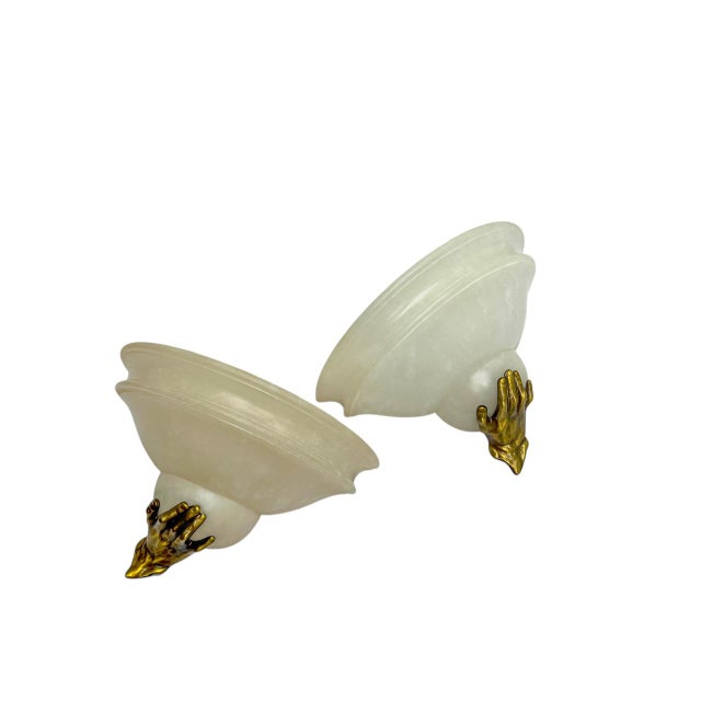 Art Deco Alabaster Wall Lights with Bronze Hands, 1970s, Set of 2 For Sale - Image 6 of 10