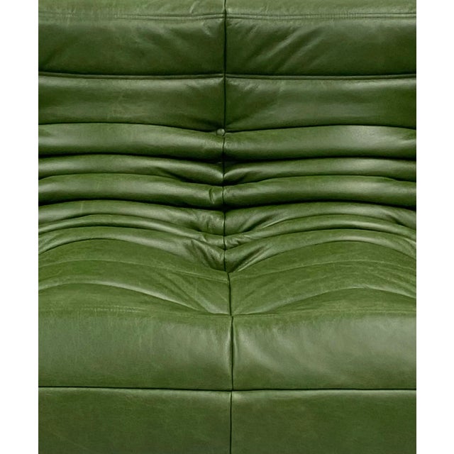 French Three-Seater Togo Sofa in Forest Green Leather attributed to Michel Ducaroy for Ligne Roset, in Restored...