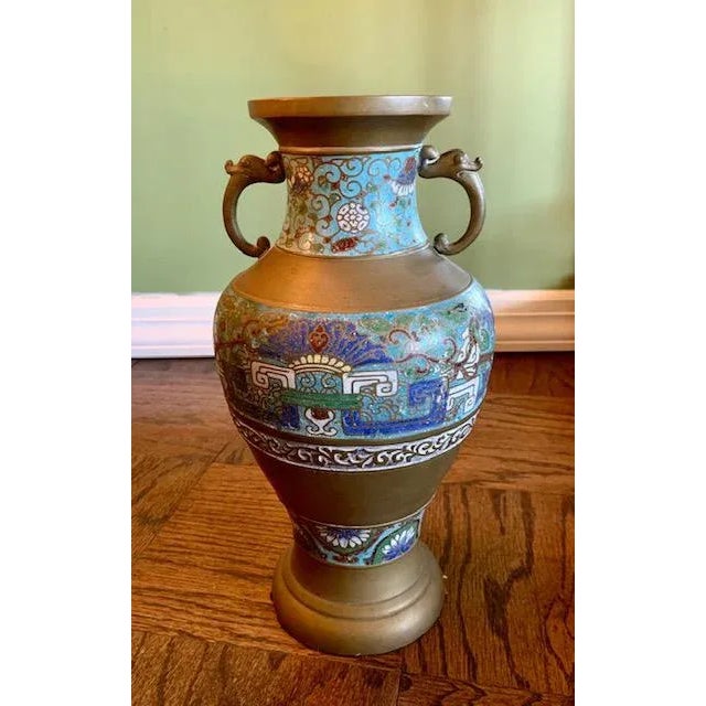 1930s Japanese Brass Champlevé Twin Handle Vase For Sale In Miami - Image 6 of 6
