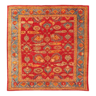 Traditional Design Antique Turkish Oushak Rug in Red, Blue and Marigold For Sale