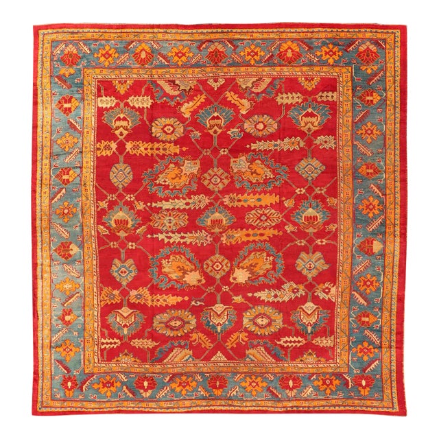 Traditional Design Antique Turkish Oushak Rug in Red, Blue and Marigold For Sale