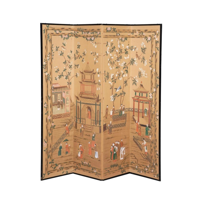 Chinoiserie Hand-Painted Four Panel Screen With Pagodas and Flowers For Sale - Image 10 of 10
