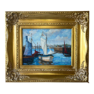 1990s Vintage Canvas of Sailboats With Gold Gilded Frame
