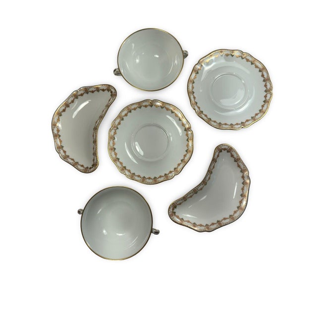 Coffee Vintage Limoges France Porcelain Coffee and Croissant Set, Hand Painted Gold Trim Tea Cups and Crescent Plates - Set of 6 For Sale - Image 8 of 10