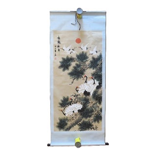 Original Chinese Scroll Painting Cranes & Pine Trees 67.5" X 28" For Sale