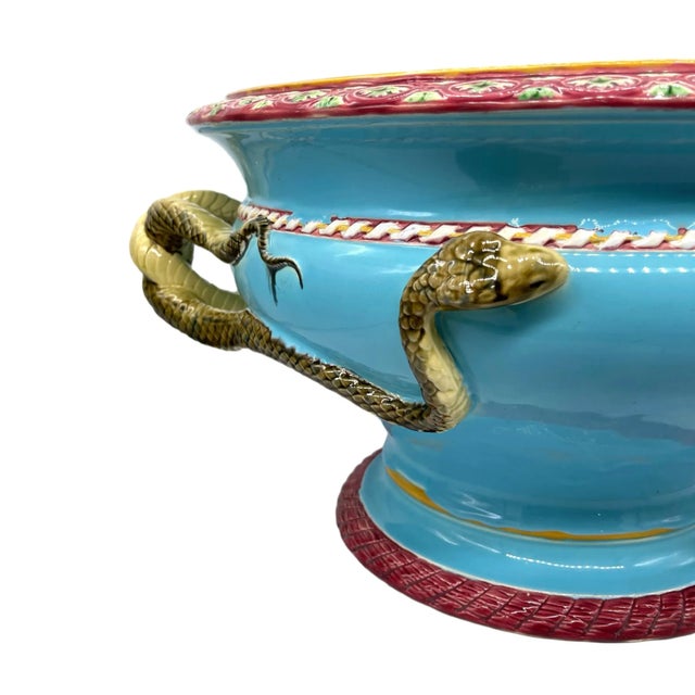 A Minton Majolica Turquoise Ground Snake-Handled Jardinière, Dated 1858 For Sale - Image 6 of 13
