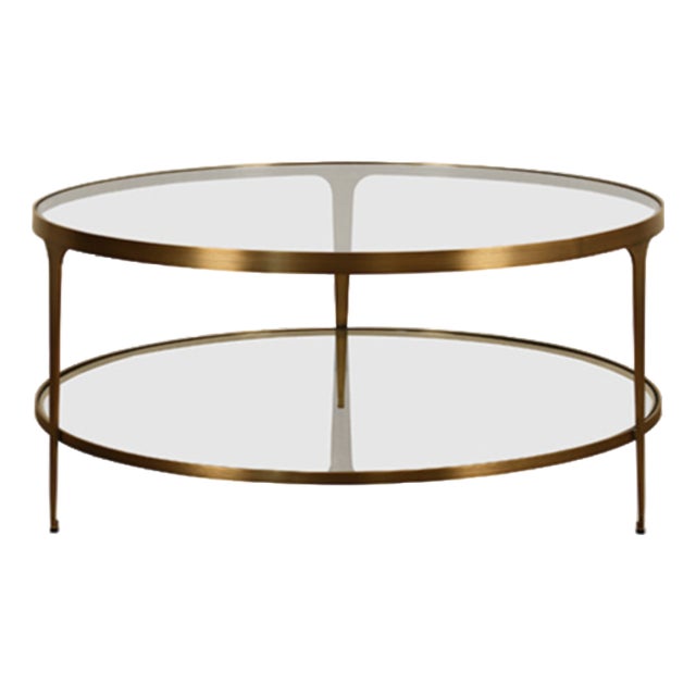 Matthew Izzo Home Stacey Round Antique Brass and Glass Two Tier Top Coffee Table For Sale