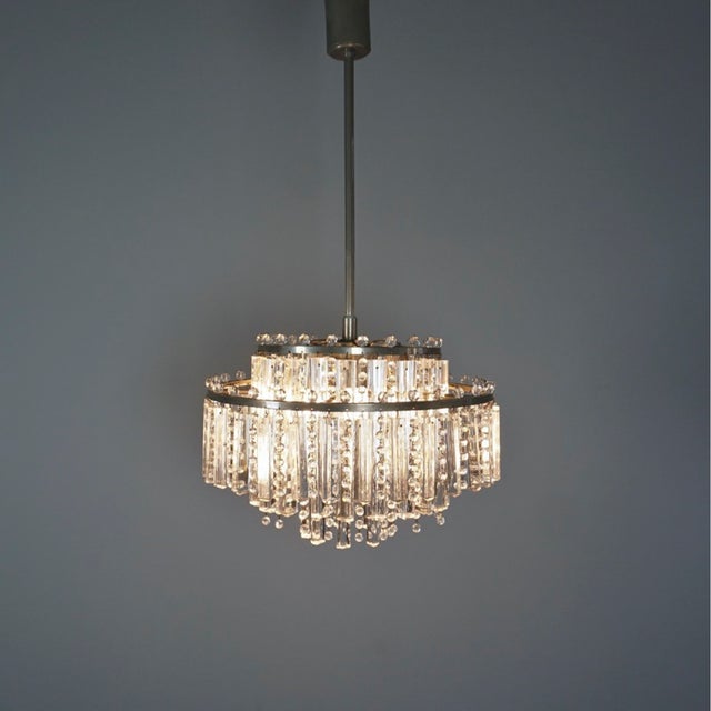 Vintage Chandelier with Floodlight Prisms and Rhinestone Beads Nickel, 1960s For Sale - Image 11 of 13