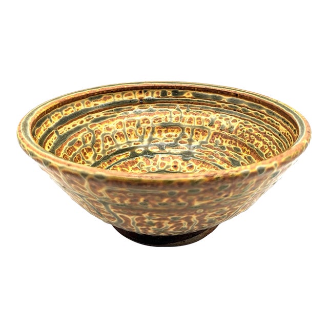 Vintage Glazed Stoneware Artist Signed Bowl For Sale