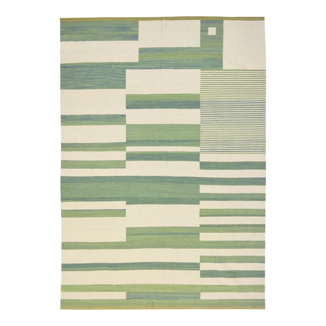 Modern Kilim Flaweave Wool Rug With Geometric Design in Green For Sale