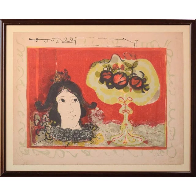 Using a variety of techniques in striking tones of red and black, the artist creates an interesting and illusive portrait...